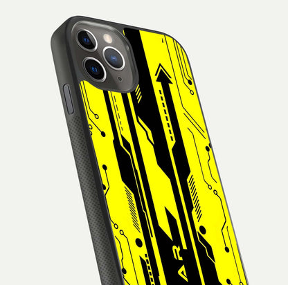 Electric Pulse CYBERPUNK Custom Name Glass Case for iPhone 11 Pro Max side-angle image showing glossy reflection and edge illumination