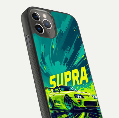 Electric Supra Thunder Glass Case for iPhone 11 Pro Max side-angle photo showing sleek car outline and reflective shine