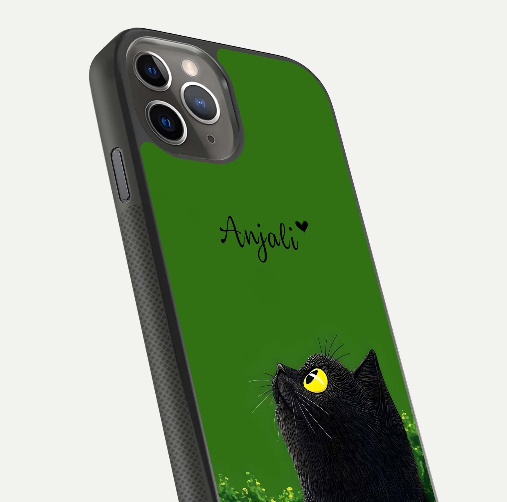 Emerald Cat Custom Name Glass Case for iPhone 11 Pro Max side-angle photo showing name clarity and glass reflection