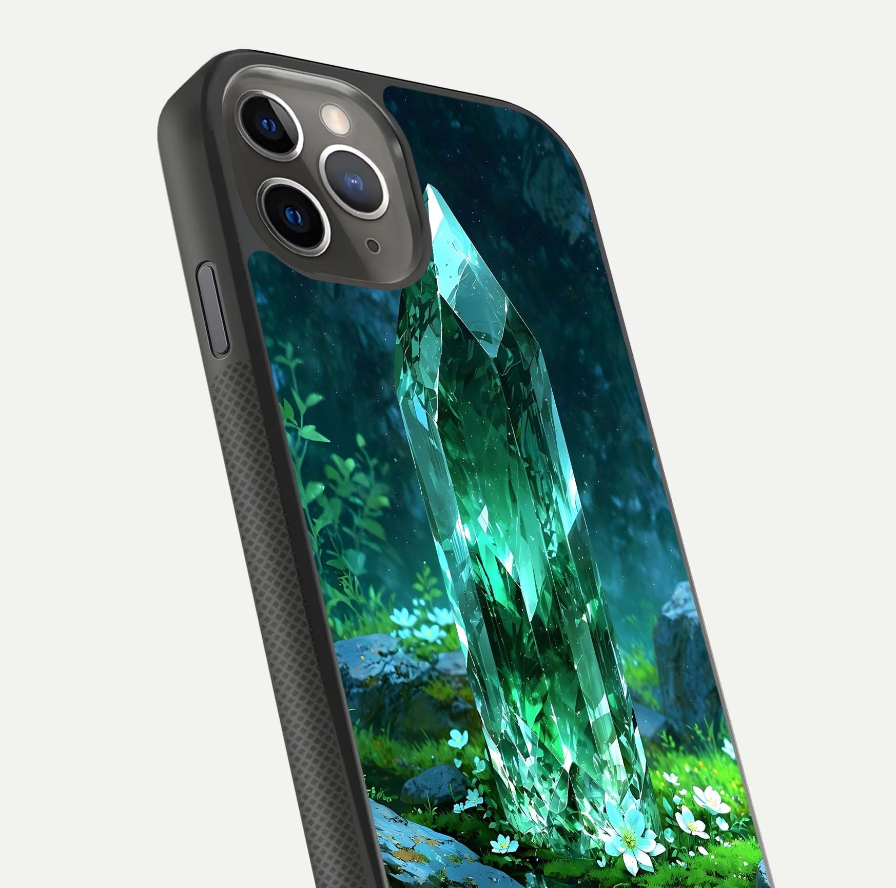 Emerald Light Crystal Glass Case for iPhone 11 Pro Max side-angle image showing gloss reflection and curved border