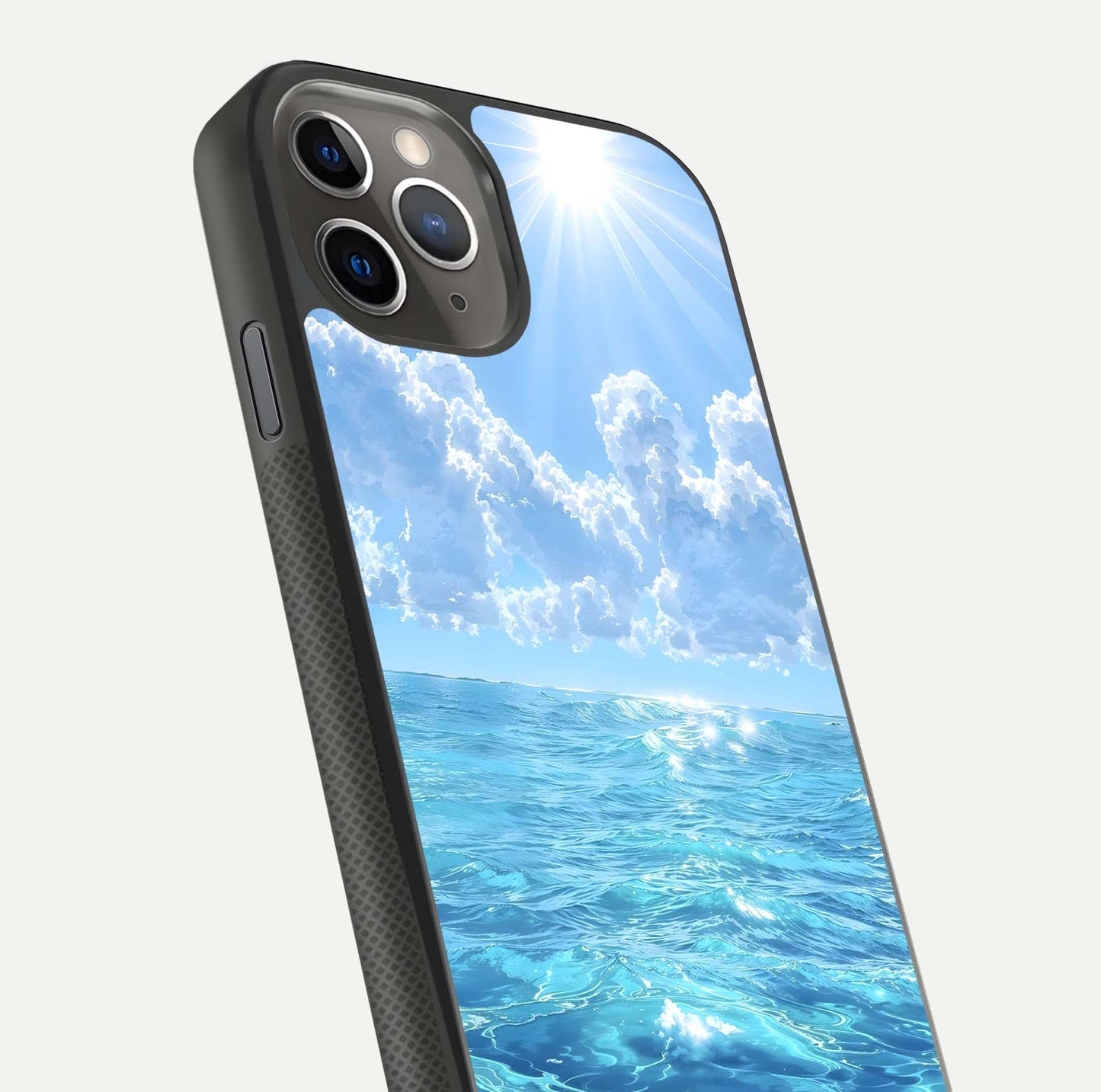 Endless Ocean Horizon Glass Case for iPhone 11 Pro Max side-angle photo showing reflection glow and wave tone
