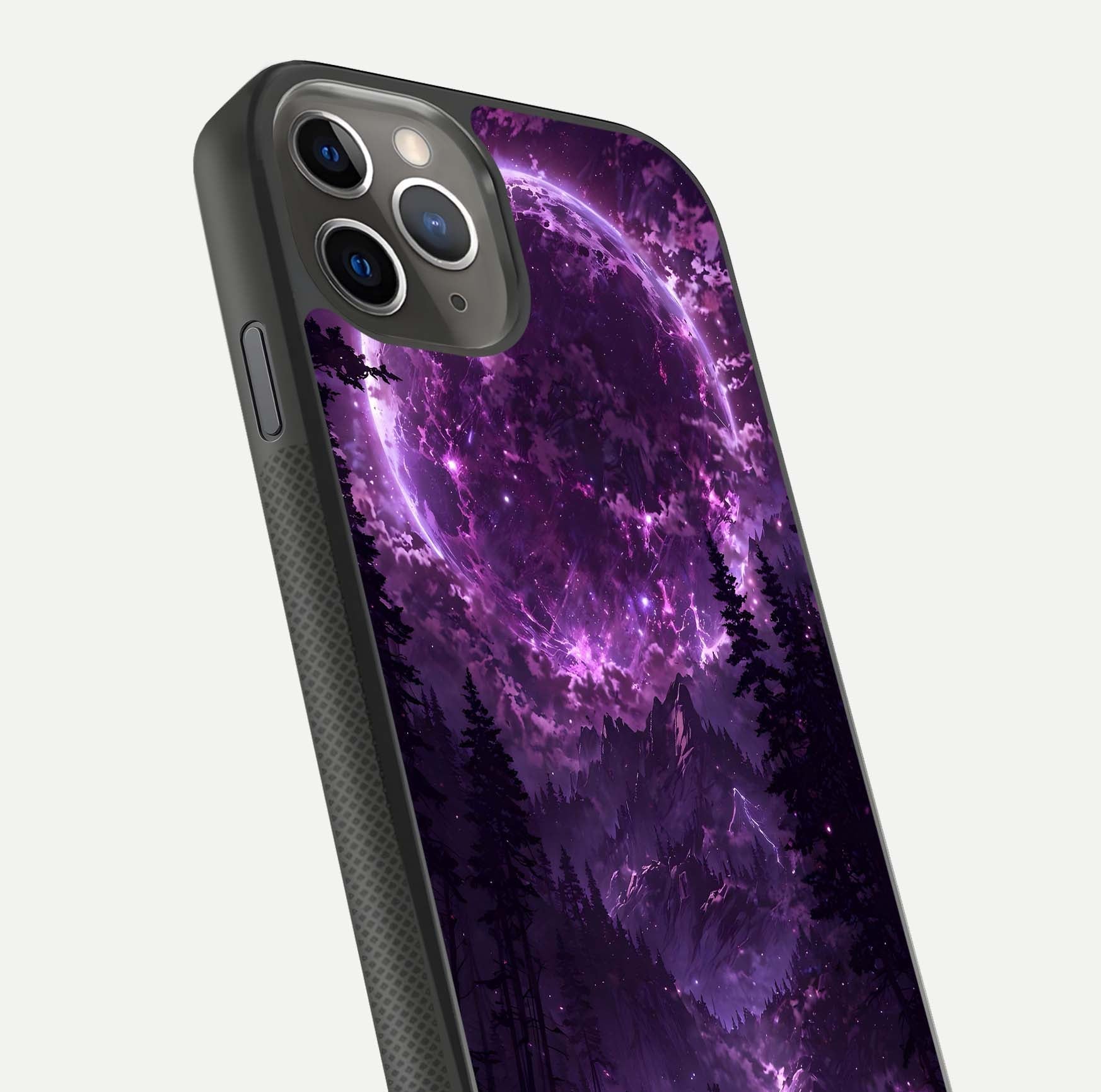 Eternal Cosmic Drive Glass Case for iPhone 11 Pro Max side-angle image showing reflection texture and color contrast