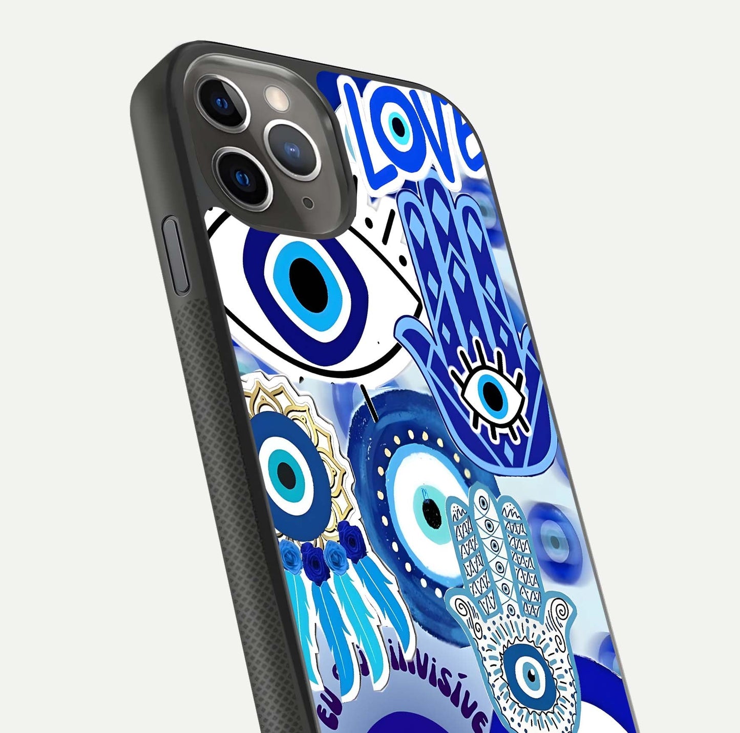 Evil Eyes Dream Glass Case for iPhone 11 Pro Max side-angle photo capturing smooth edges and reflective texture