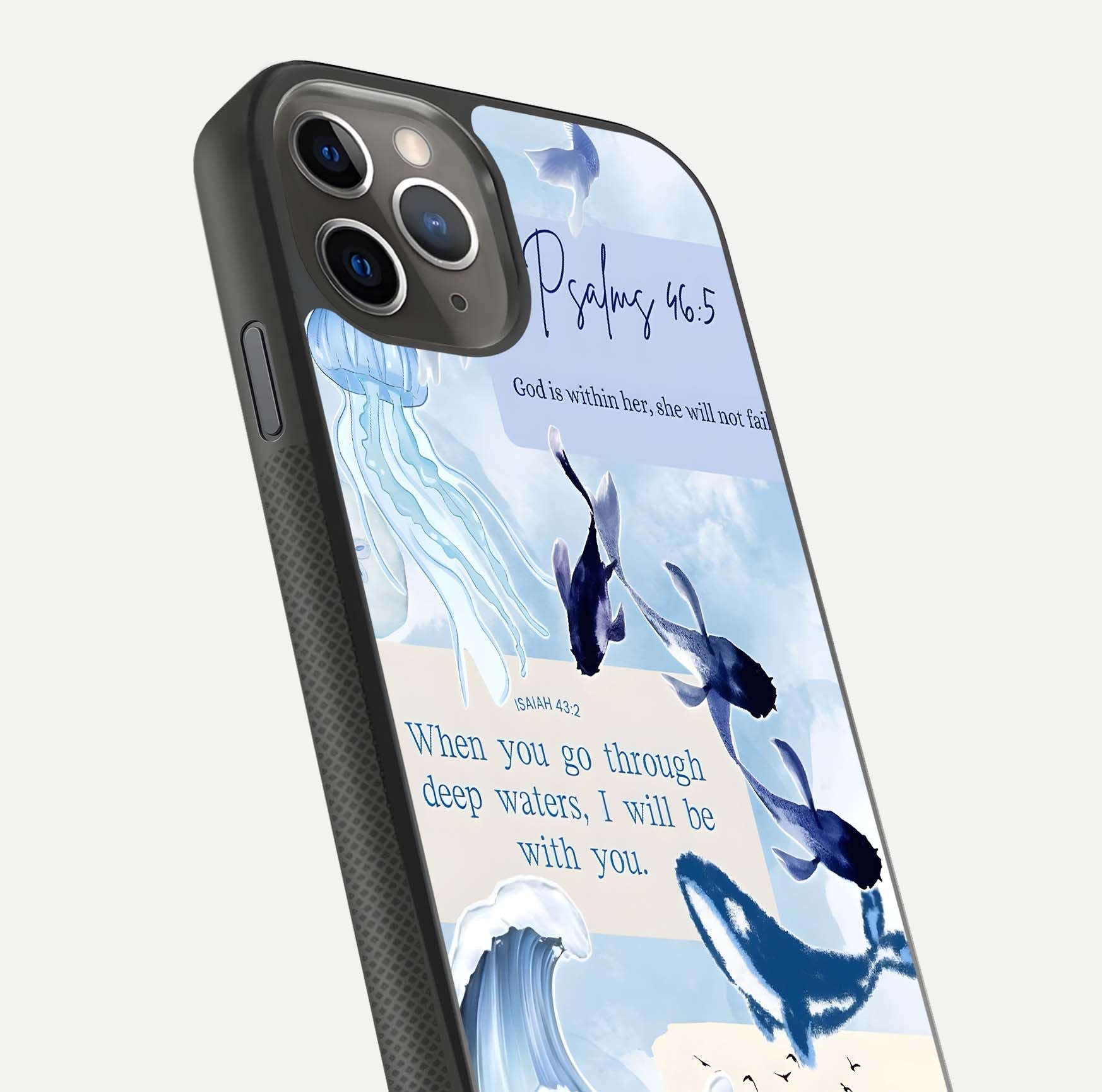 Faithful Ocean Promise Glass Case for iPhone 11 Pro Max side-angle photo showing reflection glow and color clarity