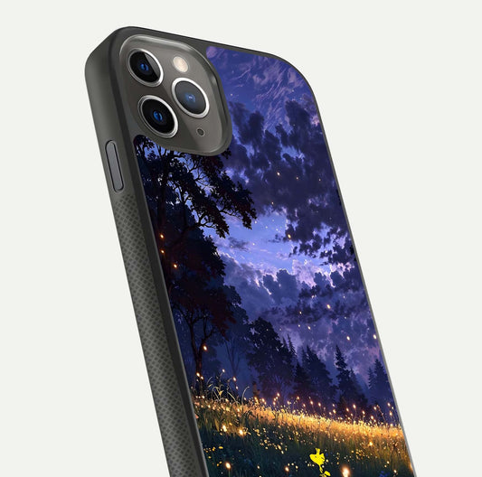 Firefly Meadow Magic Glass Case for iPhone 11 Pro Max side-angle image capturing glow reflection and fine texture