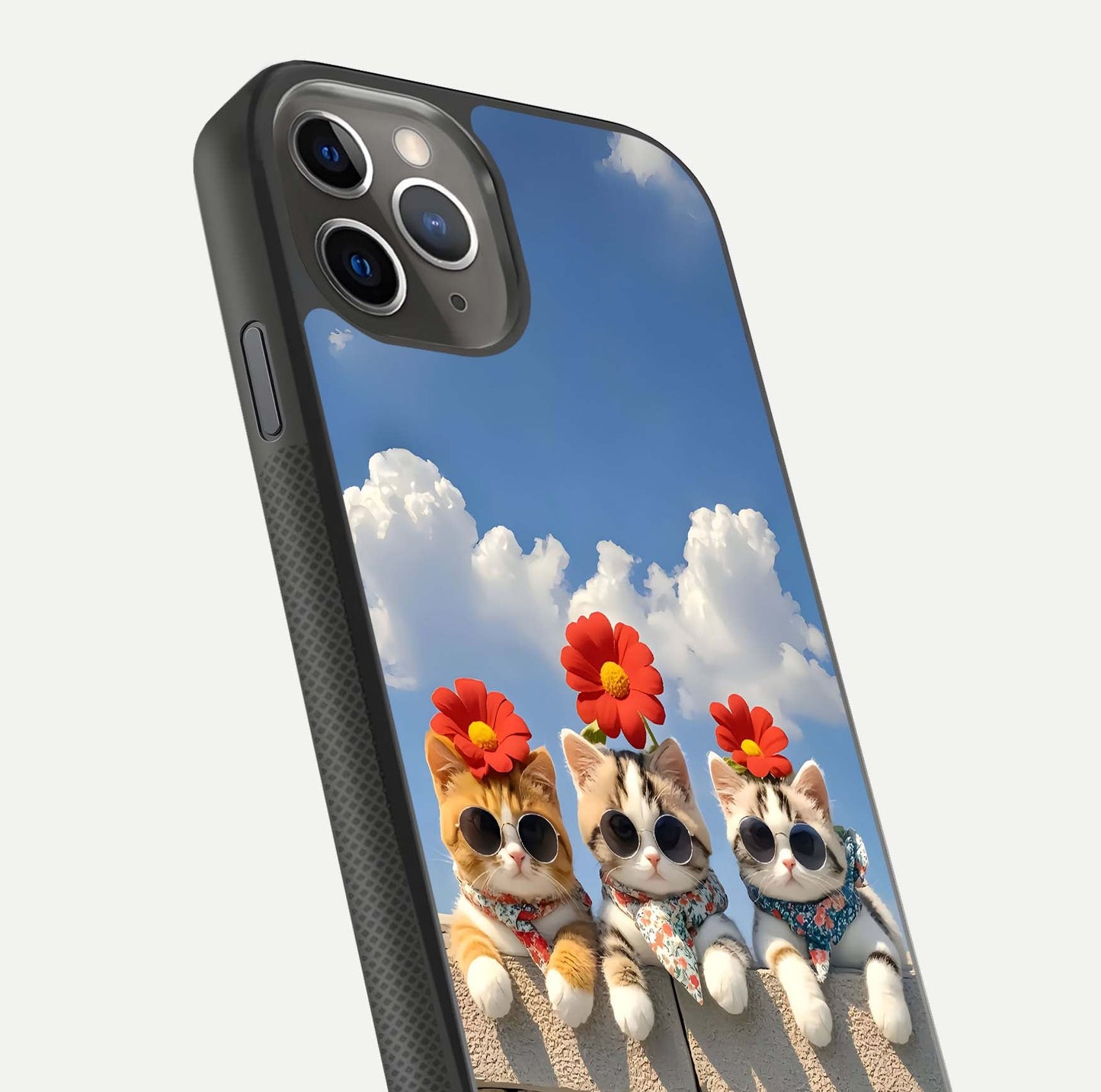 Floral Kitty Squad Glass Case for iPhone 11 Pro Max side-angle photo showing reflection glow and polished surface