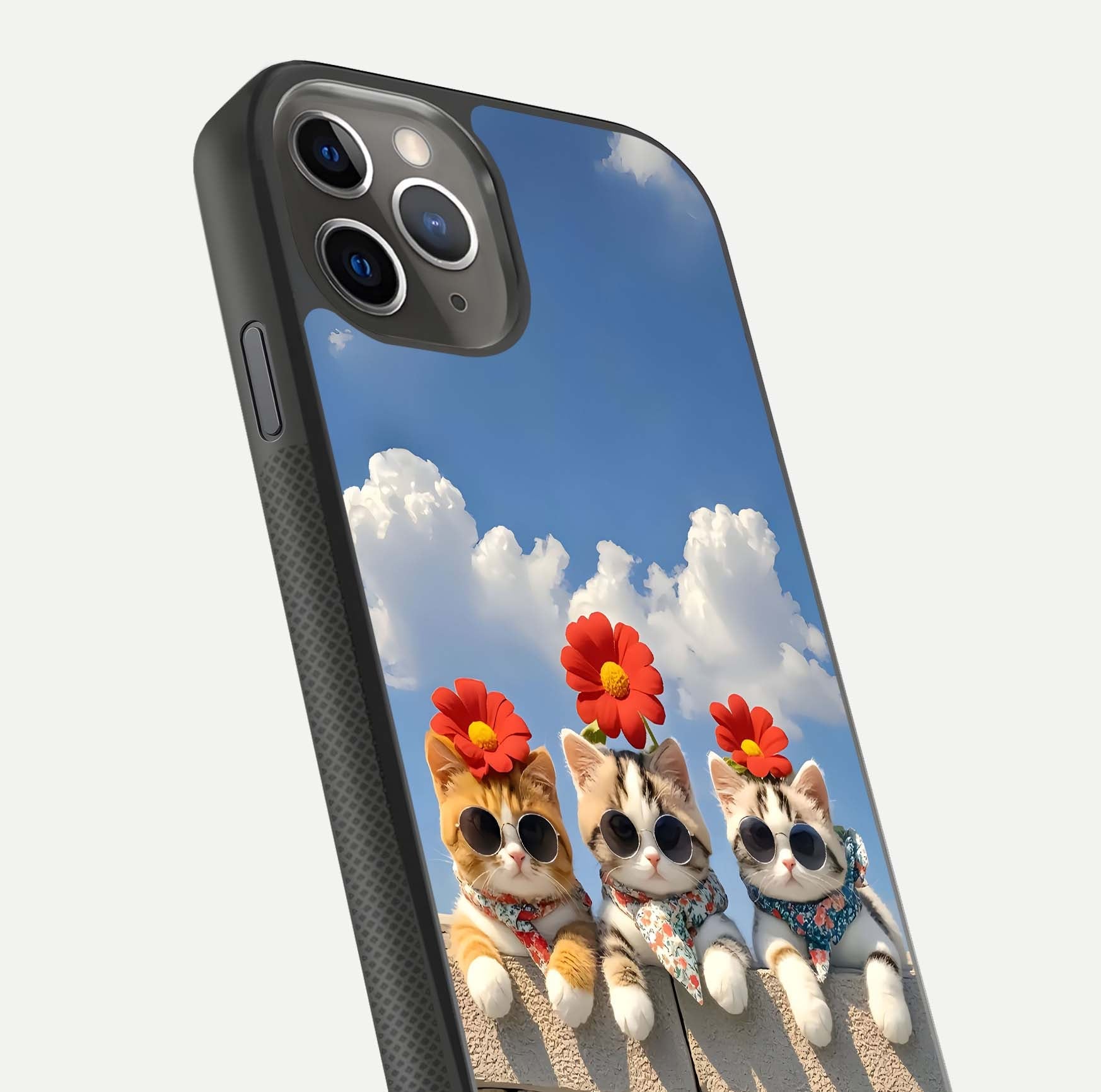 Floral Kitty Squad Glass Case for iPhone 11 Pro Max side-angle photo showing reflection glow and polished surface
