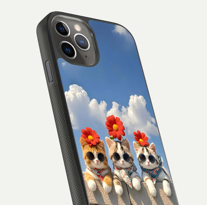 Floral Kitty Squad Glass Case for iPhone 11 Pro Max side-angle photo showing reflection glow and polished surface