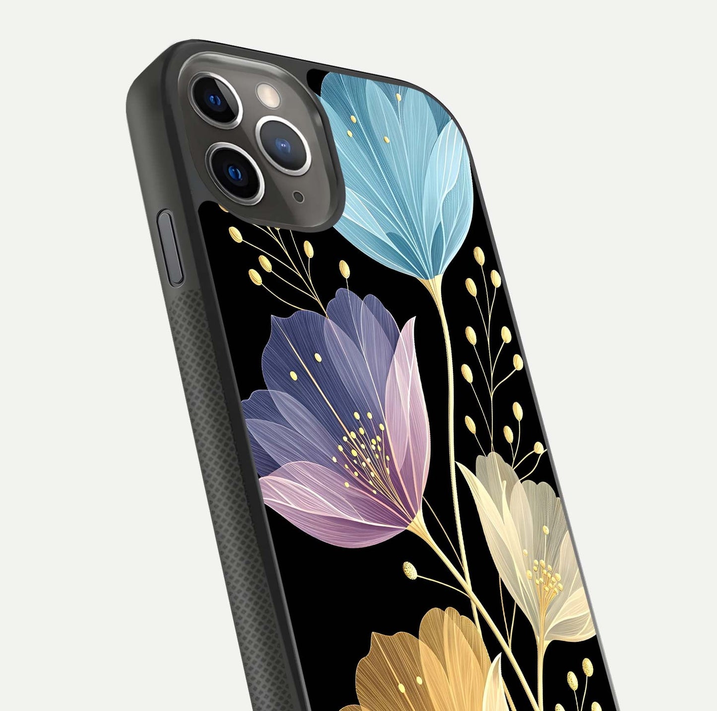 Flower Bloom Glow Glass Case for iPhone 11 Pro Max side-angle image capturing gloss reflection and flower glow
