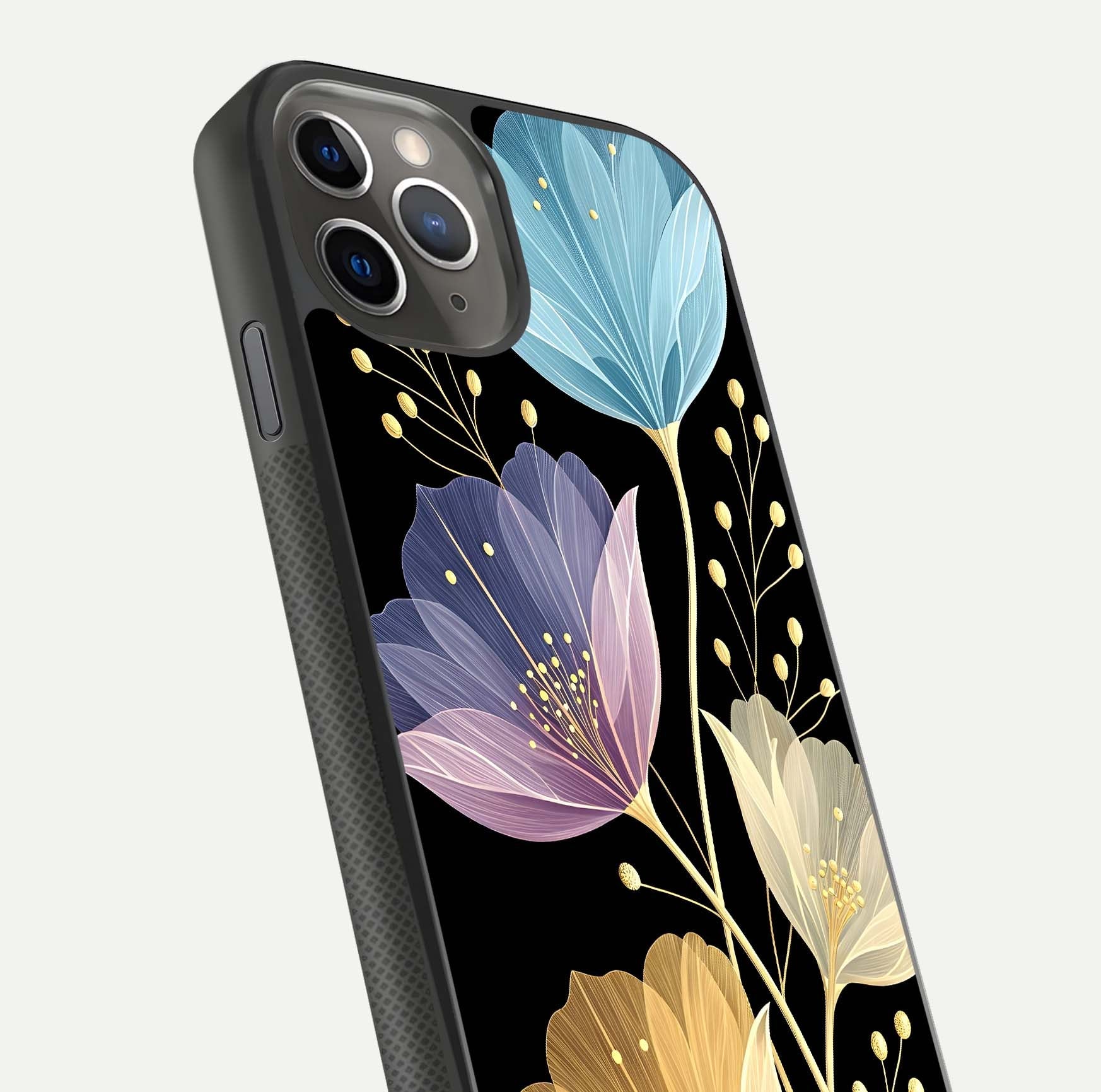 Flower Bloom Glow Glass Case for iPhone 11 Pro Max side-angle image capturing gloss reflection and flower glow