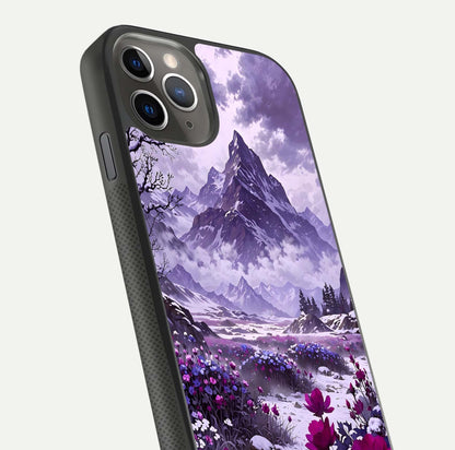 Flower Mountain View Glass Case for iPhone 11 Pro Max side-angle image showing gloss polish and smooth edge