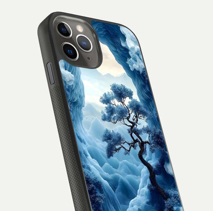 Frozen Serenity Gate Glass Case for iPhone 11 Pro Max side-angle photo showing reflective surface and cold tones