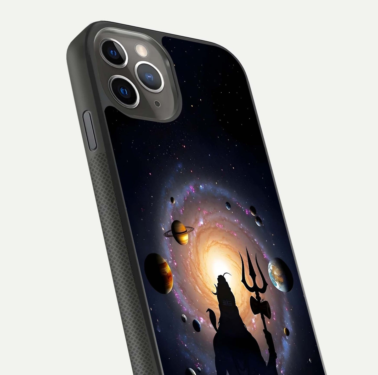 Galactic Shiva Vision Glass Case for iPhone 11 Pro Max side-angle image showing light reflection, glass edges, and spiritual cosmic theme