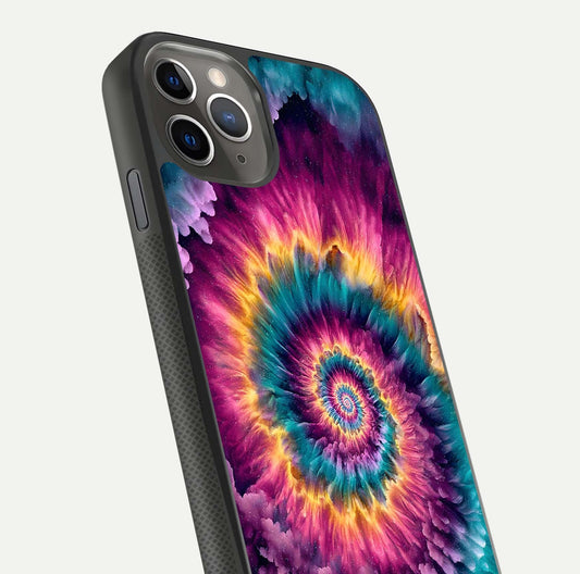 Galactic Spiral Burst Glass Case for iPhone 11 Pro Max side-angle image showing reflection clarity and vivid galactic texture