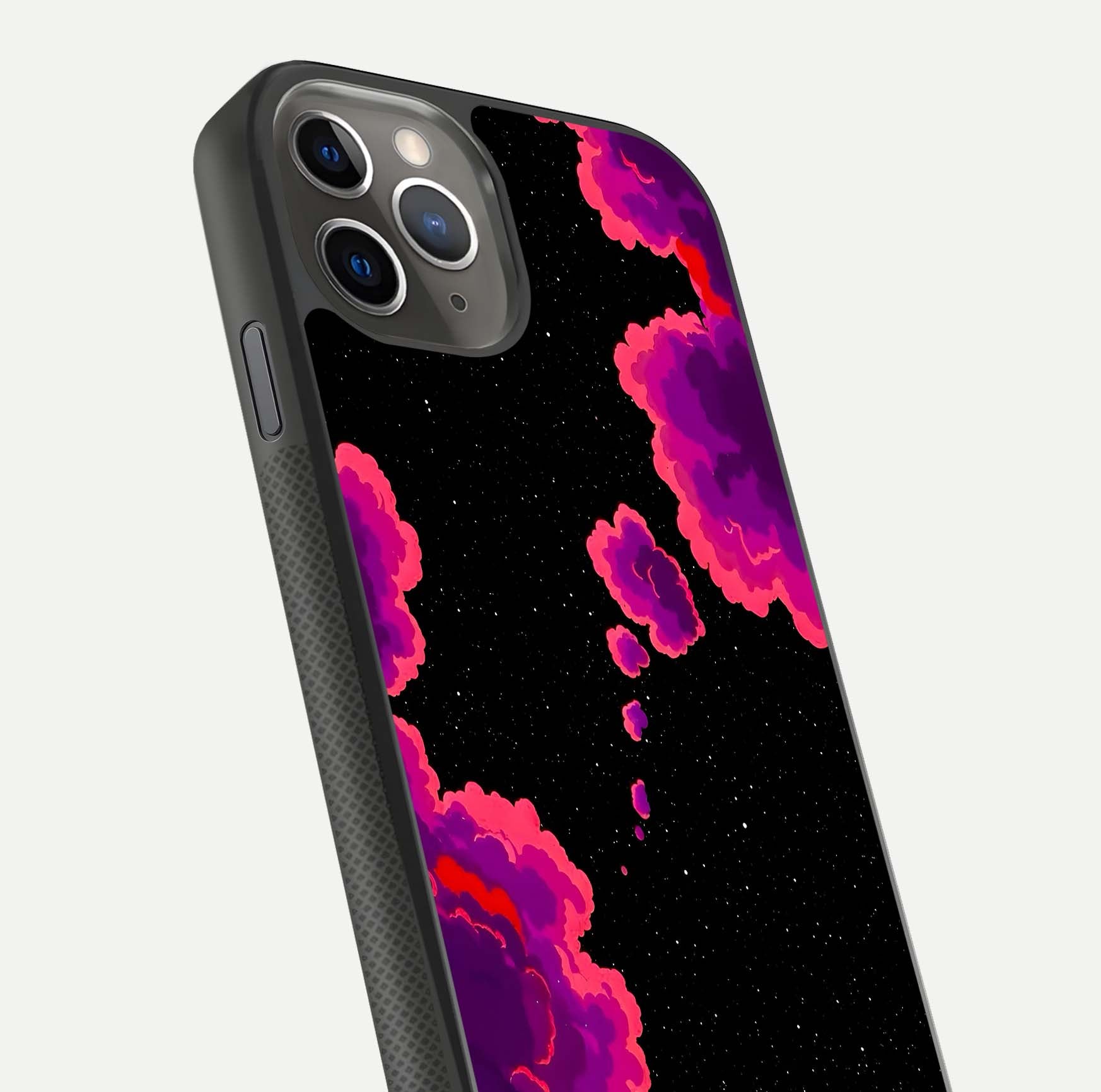 Galaxy Dream Frame Glass Case for iPhone 11 Pro Max side-angle image showing reflection light and premium finish