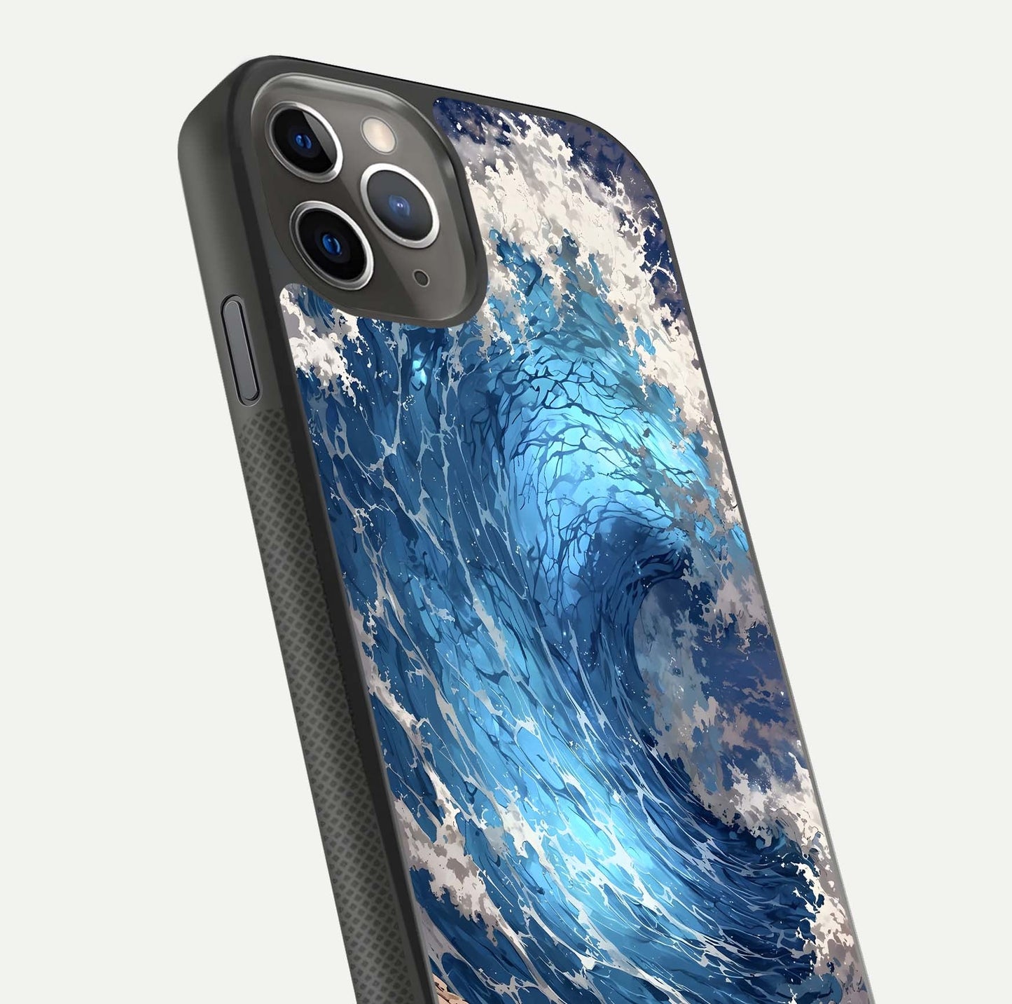 Giant Ocean Wave Glass Case for iPhone 11 Pro Max side-angle image showing light reflection and ocean detail