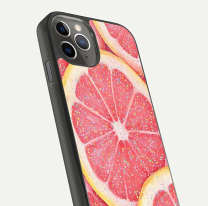 Glitter Grapefruit Glass Case for iPhone 11 Pro Max side-angle image showing reflection glow and polished edges