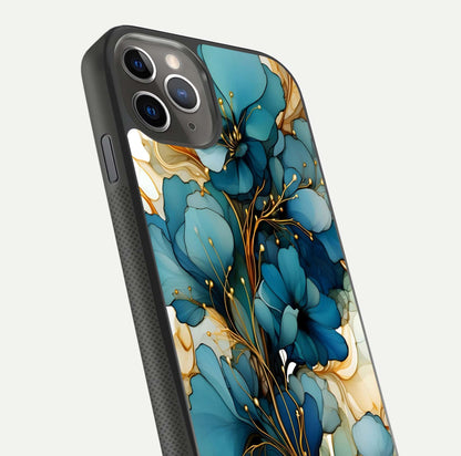 Golden Bloom Symphony Glass Case for iPhone 11 Pro Max side-angle image showing golden glow, light reflection, and premium surface