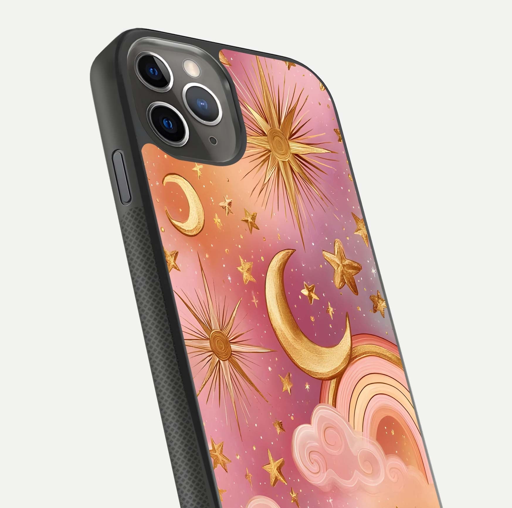 Golden Celestial Dreams Glass Case for iPhone 11 Pro Max side-angle image capturing reflection brightness and starry detail