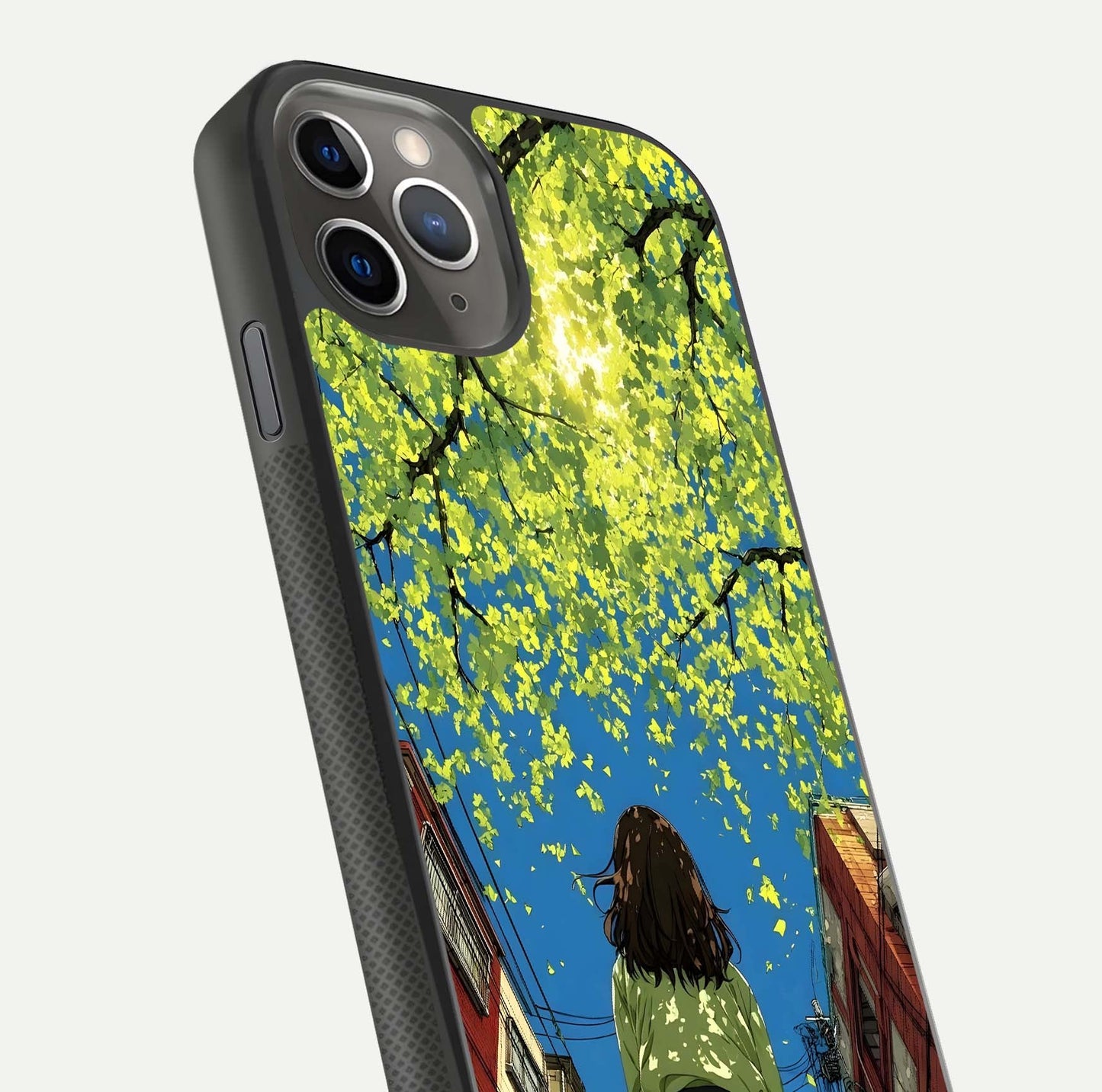 Golden Leaves Glow Glass Case for iPhone 11 Pro Max side-angle image showing reflection polish and elegant pattern