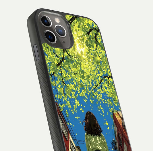 Golden Leaves Glow Glass Case for iPhone 11 Pro Max side-angle image showing reflection polish and elegant pattern