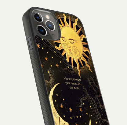 Golden Lunar Love Glass Case for iPhone 11 Pro Max side-angle image showing reflection brilliance and smooth golden tone