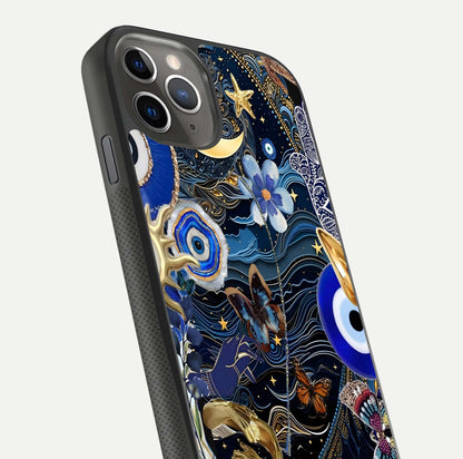 Golden Moon Magic Glass Case for iPhone 11 Pro Max side-angle image showing reflection glow, curved polish, and moon detail