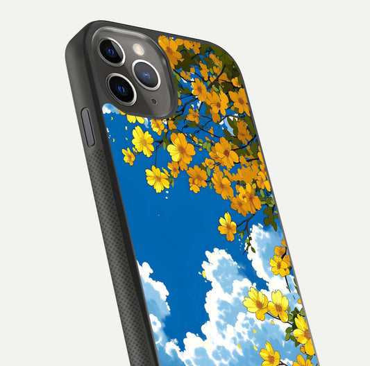 Golden Petal Sky Glass Case for iPhone 11 Pro Max side-angle image showing reflection depth and metallic floral tones