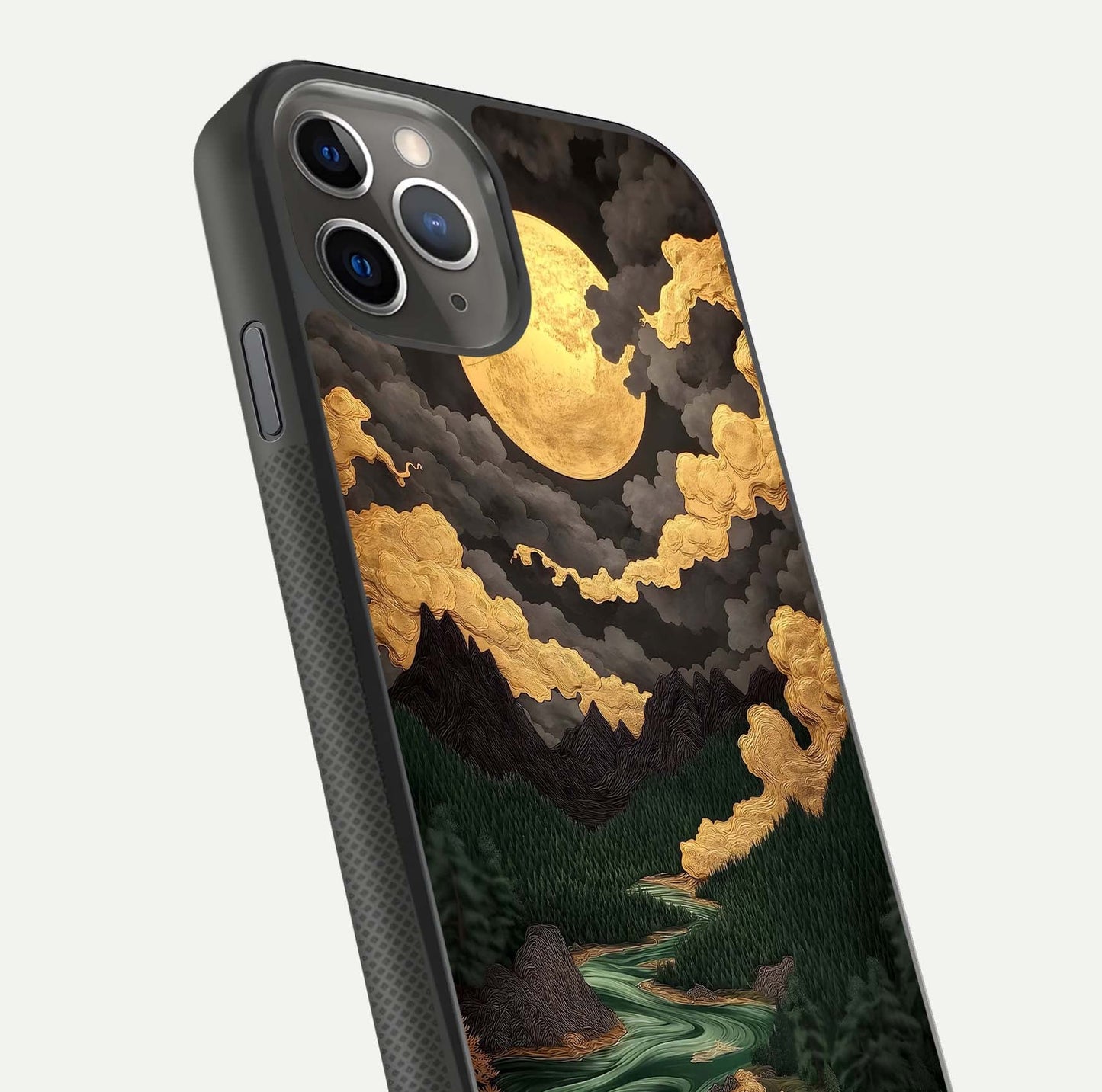 Golden River Moon Glass Case for iPhone 11 Pro Max side-angle image showing reflection clarity and detailed nightscape