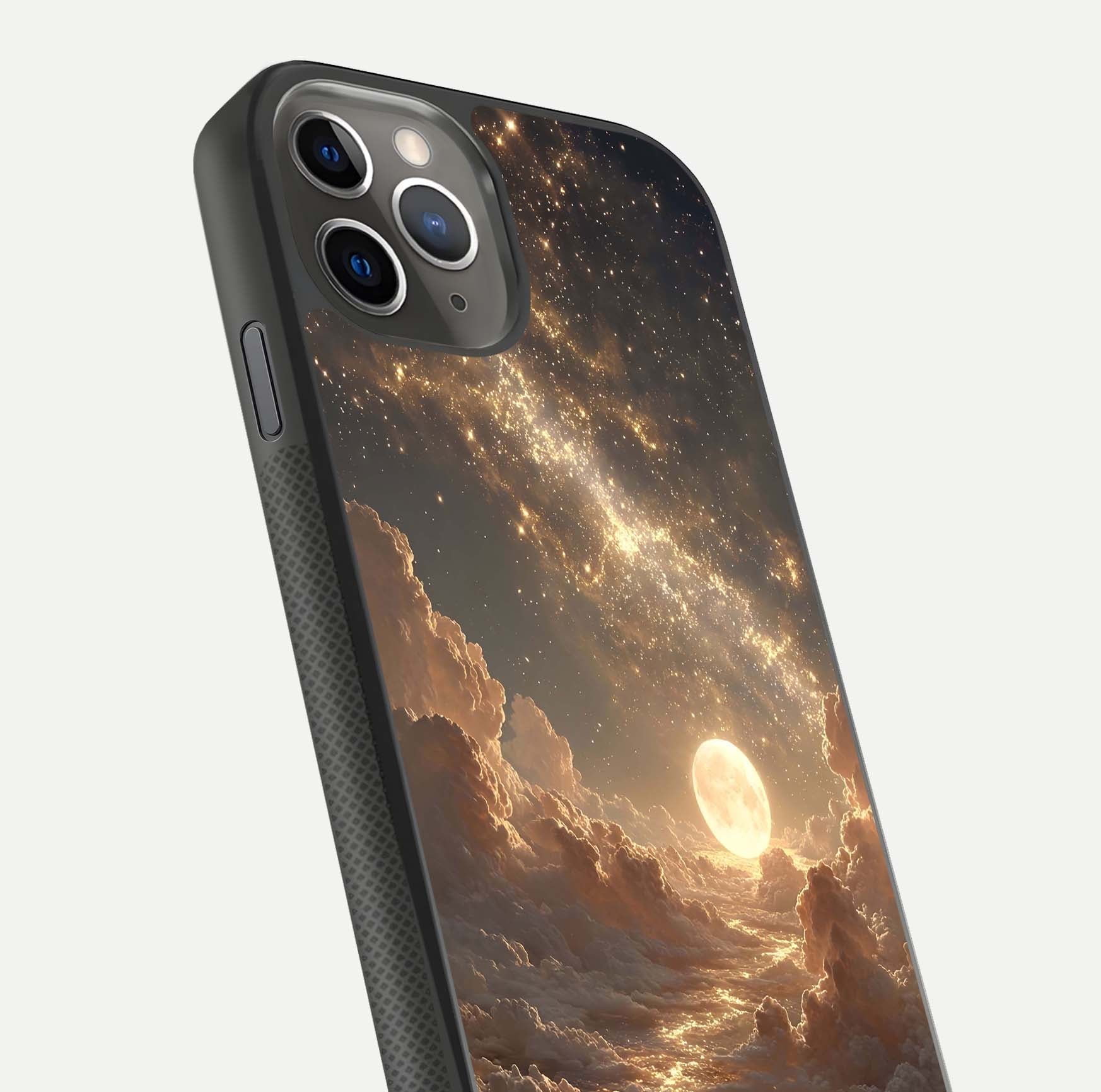 Golden Sky Dream Glass Case for iPhone 11 Pro Max side-angle image showing reflection shine and smooth surface