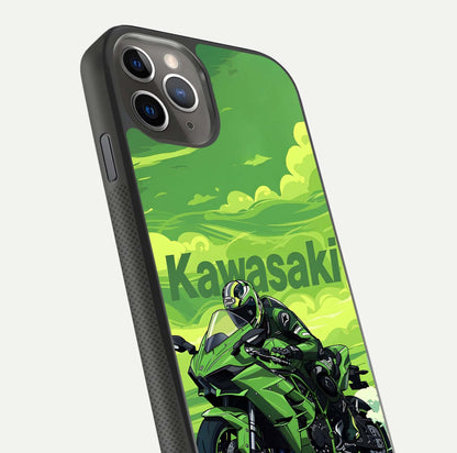 Green Kawasaki Glass Case for iPhone 11 Pro Max side-angle image showing reflection depth and metallic green accent
