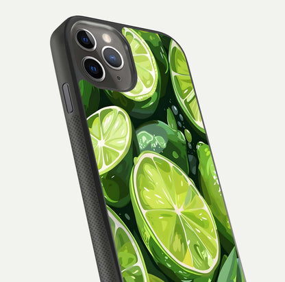 Green Lemon Glass Case for iPhone 11 Pro Max side-angle image showing reflection glow and juicy color tones