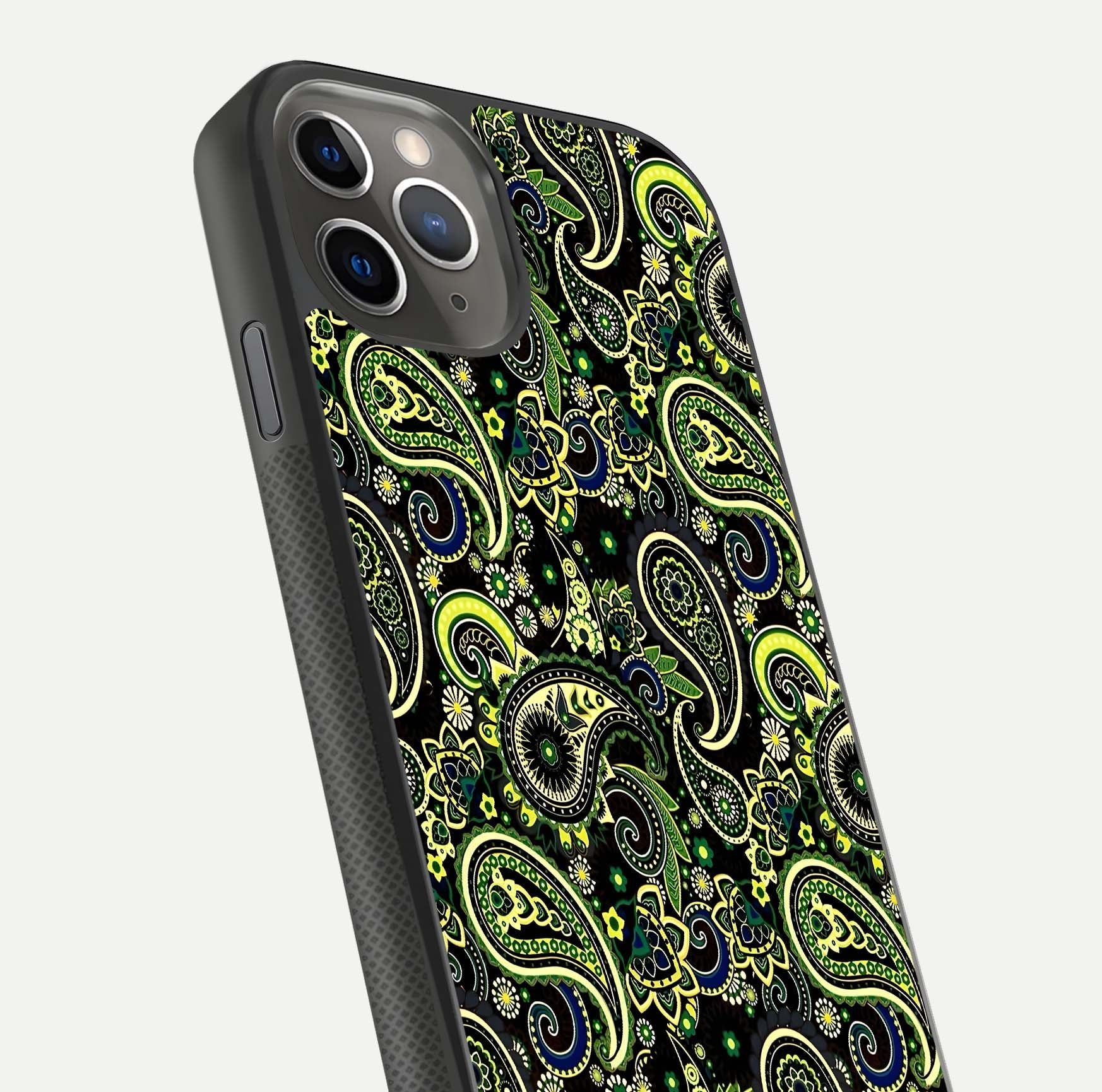 Green Mandala Pattern Glass Case for iPhone 11 Pro Max side-angle image showing reflection clarity and detailed pattern lines