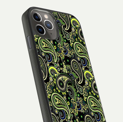 Green Mandala Pattern Glass Case for iPhone 11 Pro Max side-angle image showing reflection clarity and detailed pattern lines