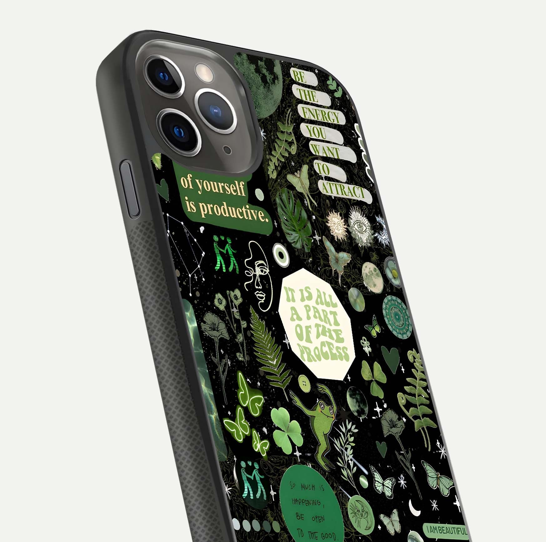 Green Moon Energy Glass Case for iPhone 11 Pro Max side-angle image showing reflection brilliance and curved finish