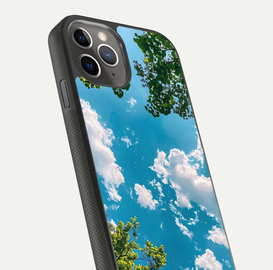 Greenery Sky Glass Case for iPhone 11 Pro Max side-angle image showing reflection glow and nature-themed pattern