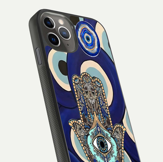 Hamsa Divine Guard Glass Case for iPhone 11 Pro Max side-angle image showing reflection brilliance and protective design
