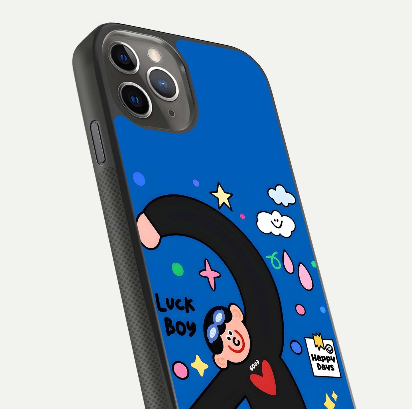 Happy Luck Vibe Glass Case for iPhone 11 Pro Max side-angle image showing reflection polish and vivid charm design