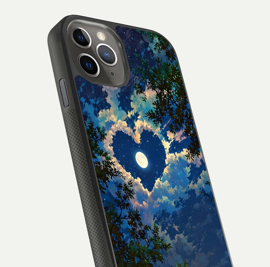 Heart with Moon Sky Glass Case for iPhone 11 Pro Max side-angle image showing reflection brightness and soft tone finish
