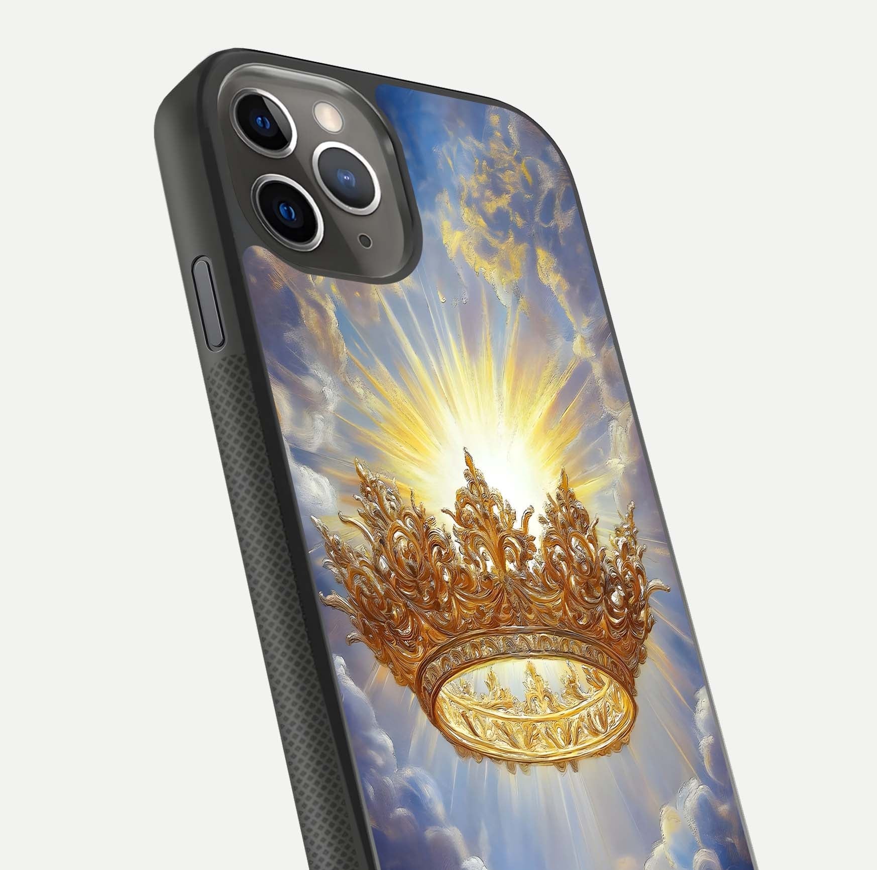 Heavenly Crown Light Glass Case for iPhone 11 Pro Max side-angle image showing reflection brilliance and elegant divine art