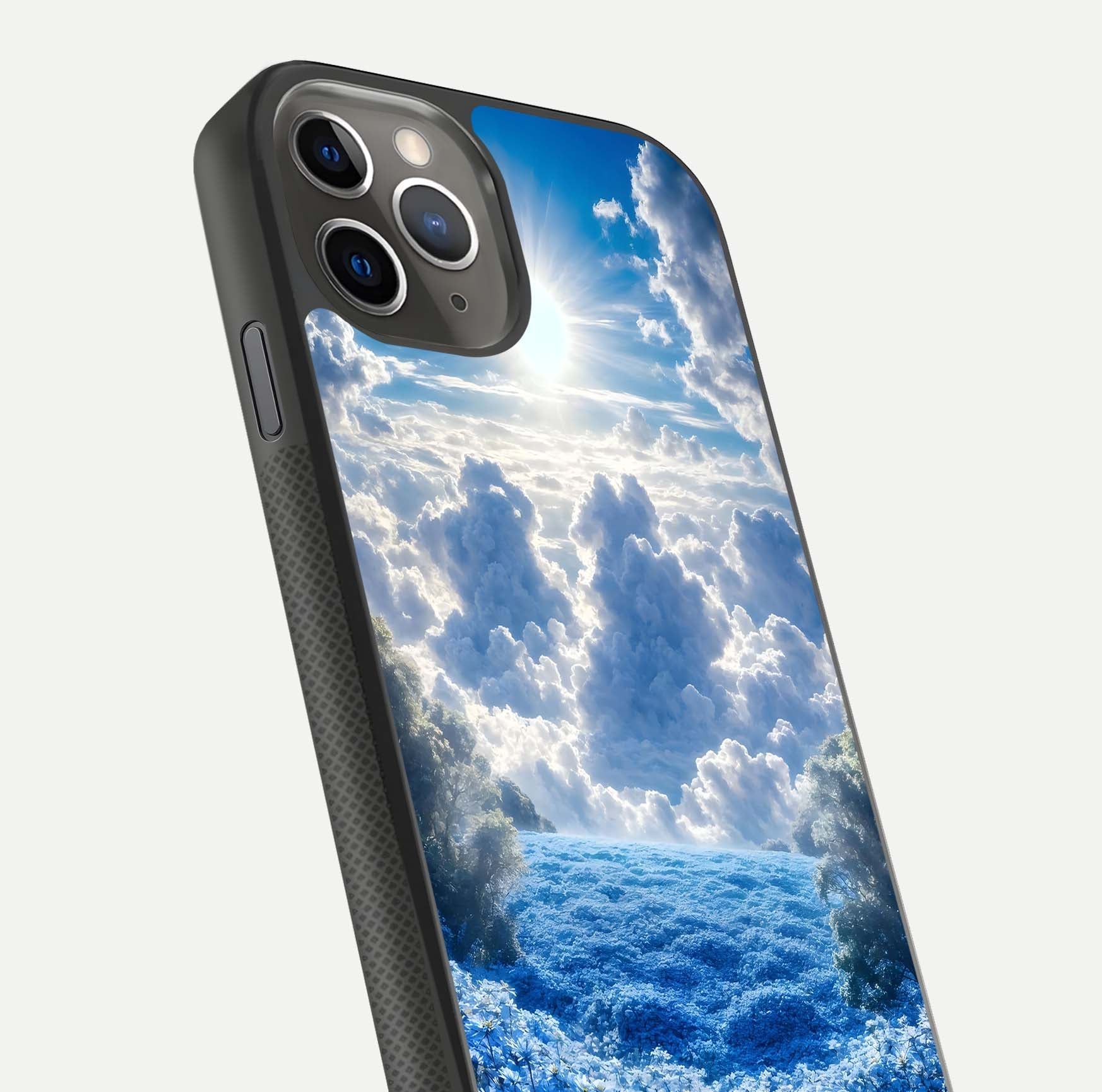 Heavenly Daisy Horizon Glass Case for iPhone 11 Pro Max side-angle image showing reflection depth and floral glow