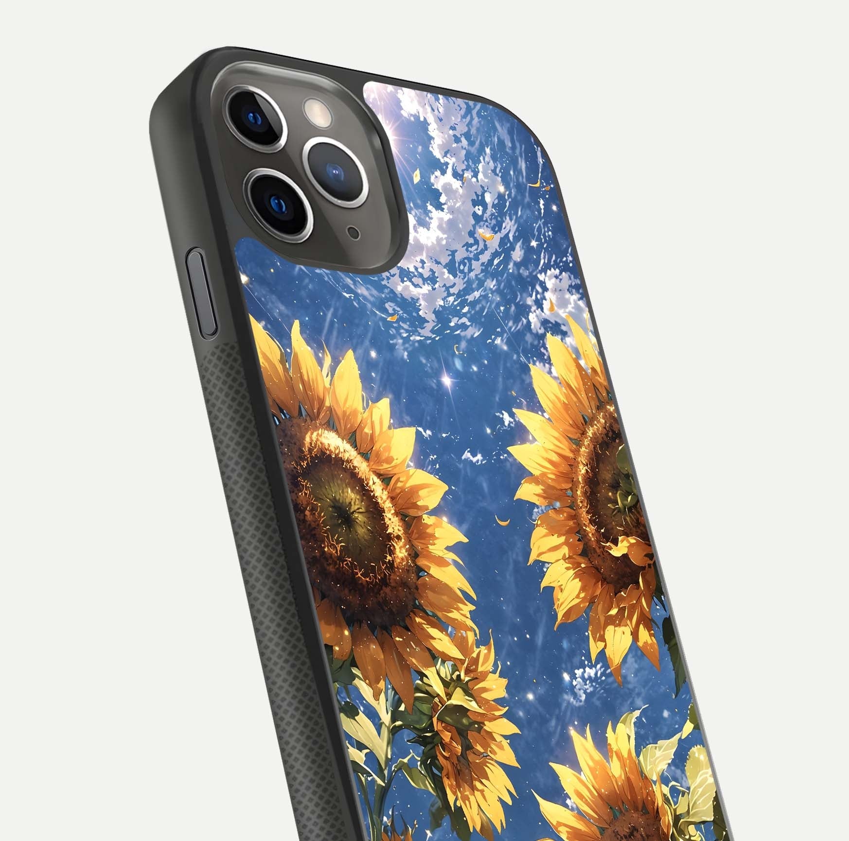 Heavenly Sunflower Rise Glass Case for iPhone 11 Pro Max side-angle image showing reflection glow and soft yellow tone