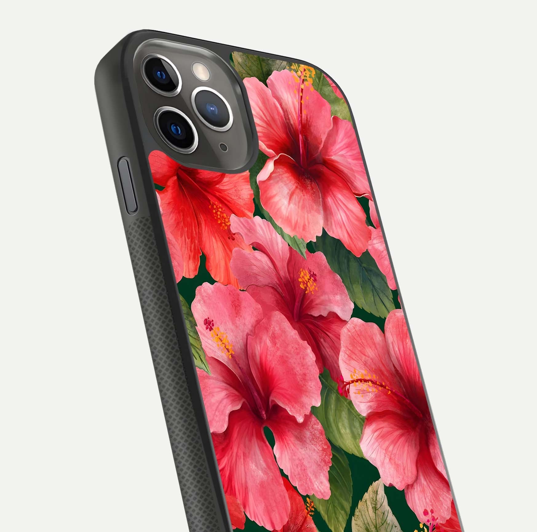 Hibiscus Pattern Glass Case for iPhone 11 Pro Max side-angle image showing reflection brightness and floral detailing
