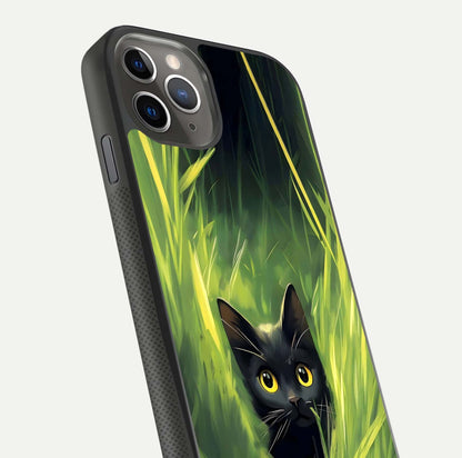 Hidden Cat Whisper Glass Case for iPhone 11 Pro Max side-angle image showing reflection glow and subtle artistic texture