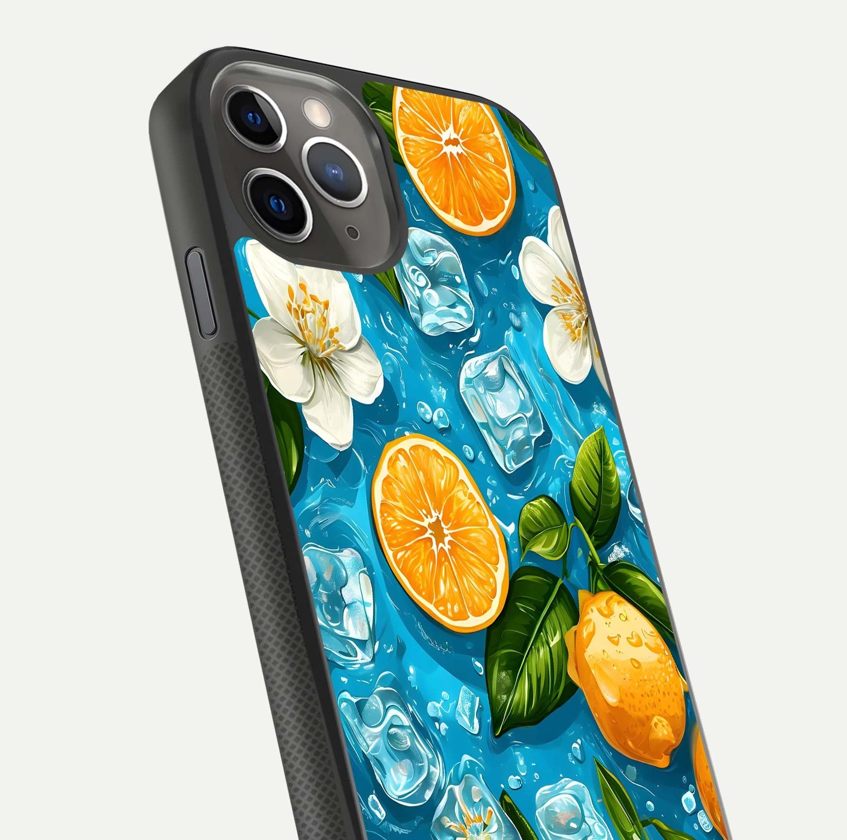 Ice Cube With Orange Glass Case for iPhone 11 Pro Max side-angle image showing reflection brightness and juicy pattern detail