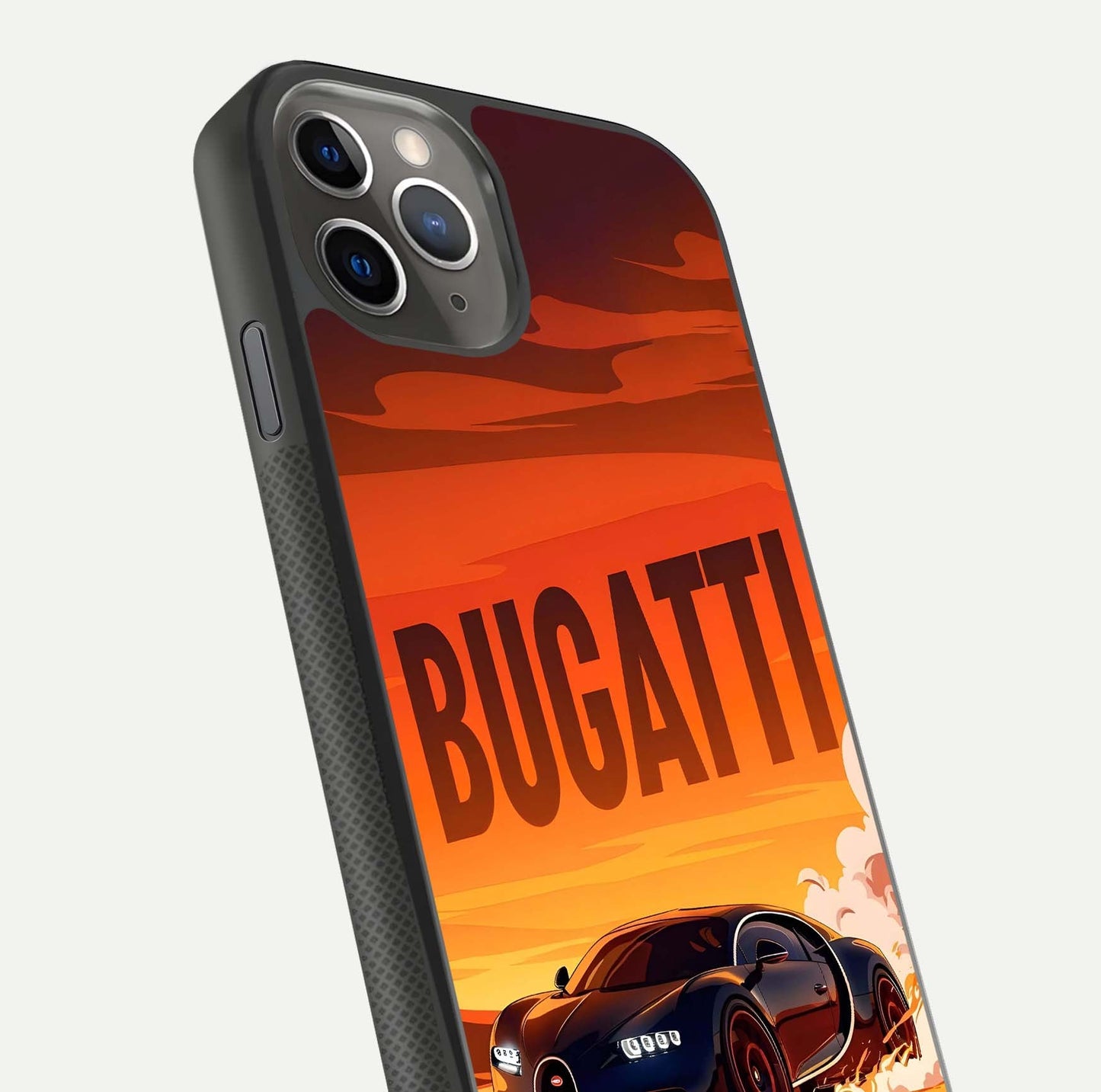 Inferno Bugatti Storm Glass Case for iPhone 11 Pro Max side-angle image showing reflection glow and vibrant red tones