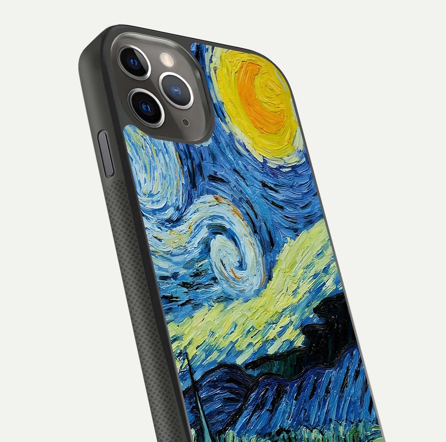 Inspired Van Gogh Art Glass Case for iPhone 11 Pro Max side-angle image showing reflection brilliance and painted surface look