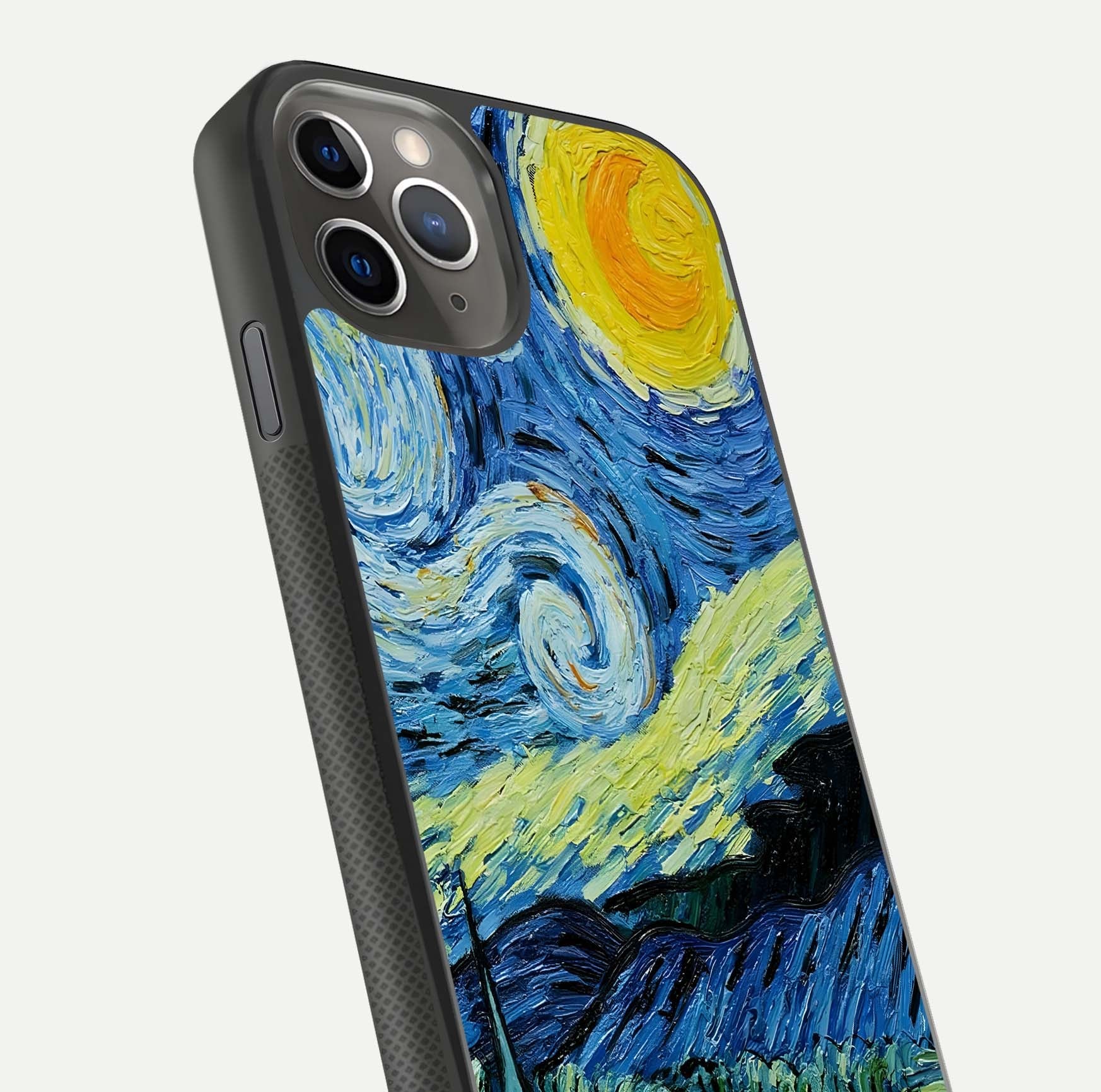Inspired Van Gogh Art Glass Case for iPhone 11 Pro Max side-angle image showing reflection brilliance and painted surface look