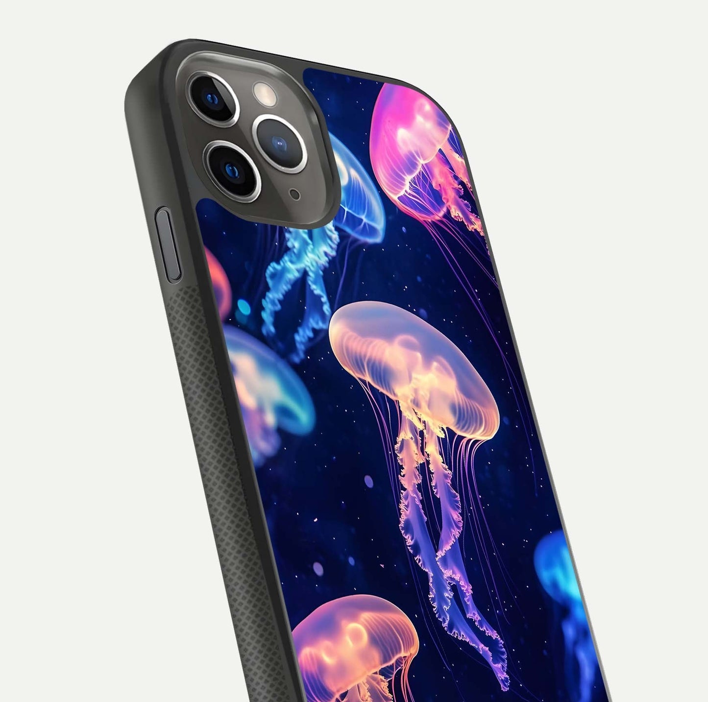 Jellyfish Pattern Glass Case for iPhone 11 Pro Max side-angle image showing reflection glow and soft water-blue gradient