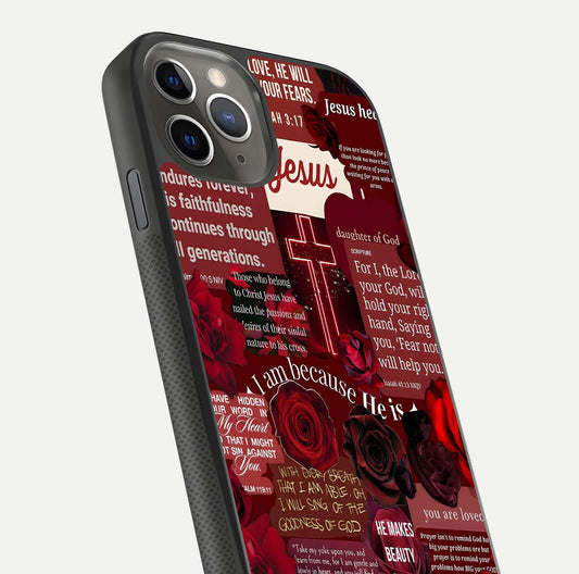 Jesus Love Heals Glass Case for iPhone 11 Pro Max side-angle image highlighting gloss depth and spiritual aura